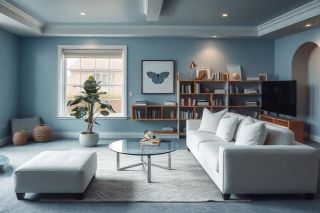 Light blue living room with blue painted ceiling and light blue carpet